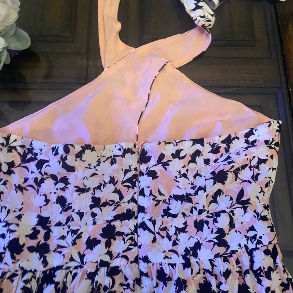 BCBGMaxAzria Linen Blend Pink Black Floral Crisscross Halter Dress - Picture 10 of 12